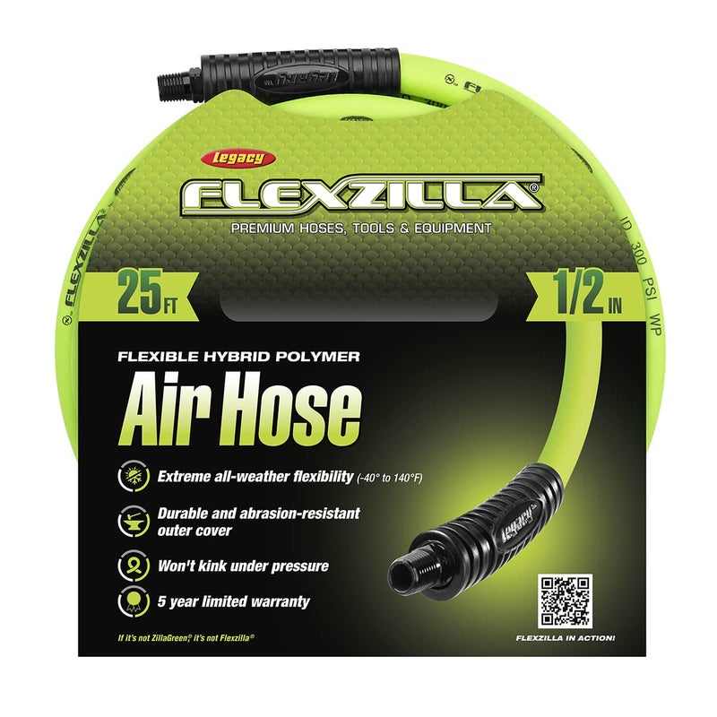 Flexzilla Air Hose, 1/2 in. x 25 ft., 3/8 in. MNPT Fittings, Heavy Duty, Lightweight, Hybrid, ZillaGreen - HFZ1225YW3 - Image 2